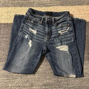 Trendy Buckle Black Distressed Denim Skinny Jeans